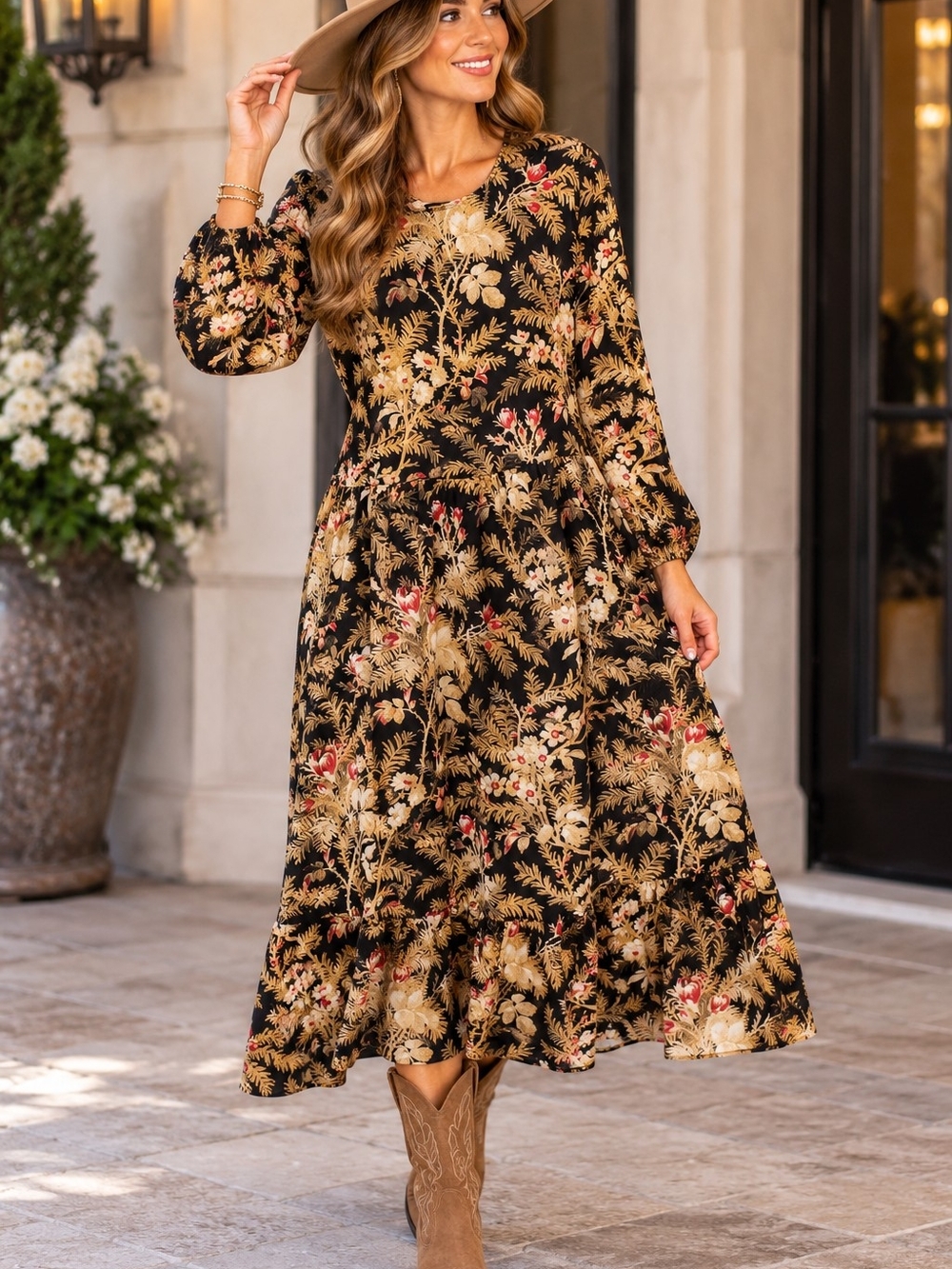 H&M Black Floral Maxi Dress with Gold and Red Accents